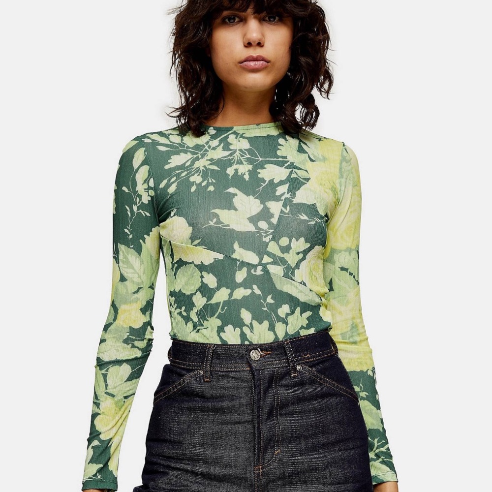 Topshop Floral Print Mesh Top